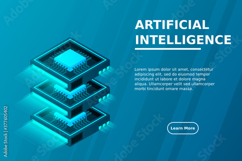 Quantum computer, large data processing, server room, data base concept, the microprocessor isometric vector