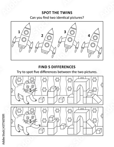 Activity sheet for kids with two visual puzzles, also can be used as coloring page, printable, fit Letter or A4 paper.
