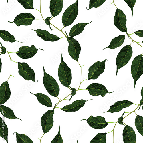 Green ficus rubber plant branch leaf seamless pattern texture background vector art © Silmairel