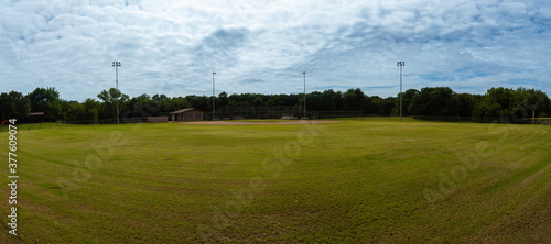 Panoramic view of home plate on baseball field from centerfield
