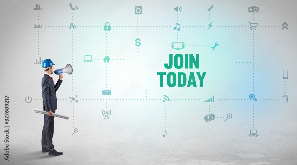 Engineer working on a new social media platform with JOIN TODAY inscription concept Engineer working on a new social media platform with JOIN TODAY inscription concept