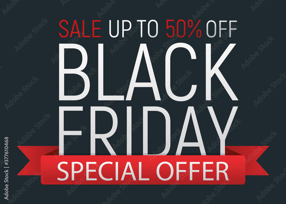 Concept black friday event banner and flyer, big sale clearance font text vector illustration. Design advertisement 50% closeout promotion label, season shopping.