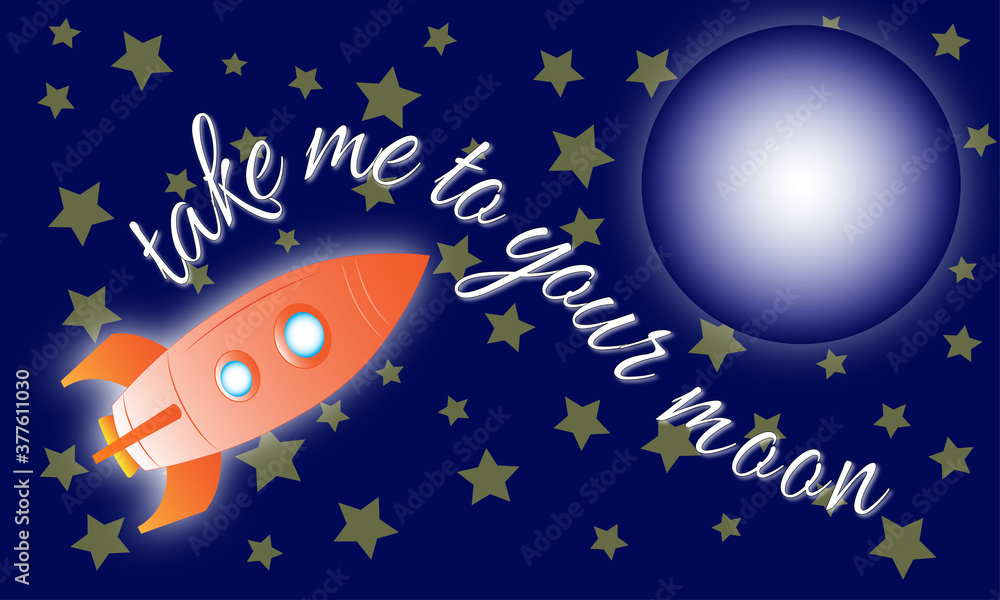 Fototapeta premium Illustration of a rocket going to the moon with a message of love to use in love cards or backgrounds. Specially for valentines or celebrations.