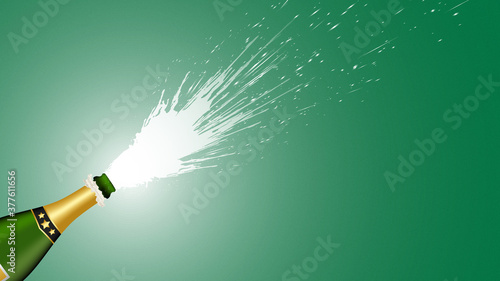 Champagne bottle spraying on green background. Vector illustration.