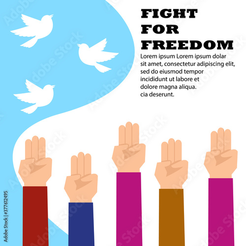 Protester show three fingers and flying birds background, Anti, Freedom concept,Vector illustration