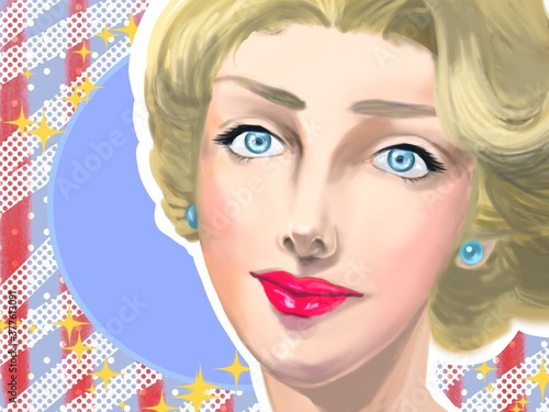 portrait of a beautiful blonde hair old fashion woman with red check pattern background