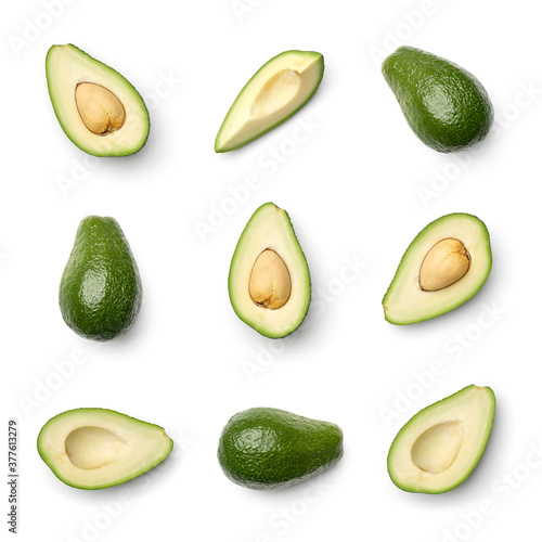 Collection of avocados isolated on white background