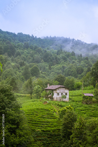 cute little village house under cloudy mountains
