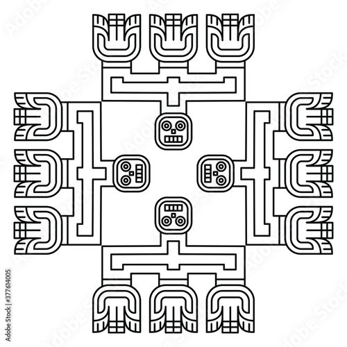 Fantastic square ethnic decor with Native American motifs from ancient Peru. Ornate geometrical cross or rectangular mandala. Black and white linear silhouette.