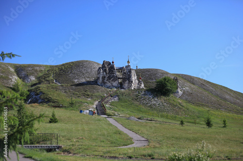 The Spassky Convent in the village of Kostomarovo. And cave temples. Chalk mountains. Voronezh region. Russia.