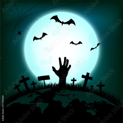 Halloween concept with zombie hand rising out from the ground of earth with bat and spider in full moon night background, Vector illustration