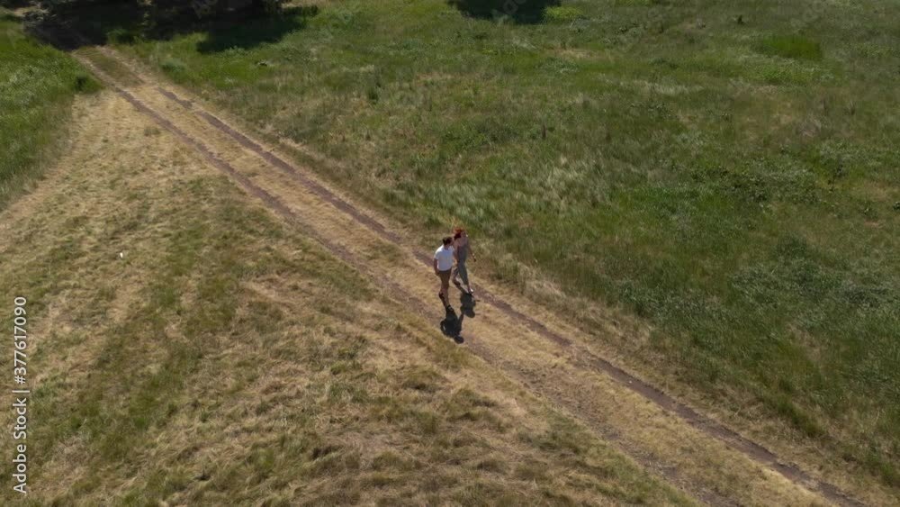 A young couple walks in nature with a dog on a country road. Top view from the drone. A young couple walks in nature with a dog on a country road. Top view from the drone.