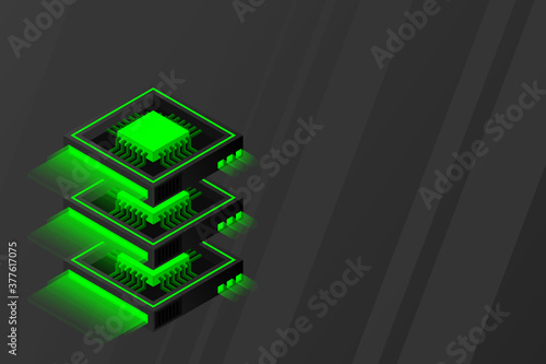 Quantum computer, large data processing, server room,  artificial intelligence, data base concept, the microprocessor isometric vector