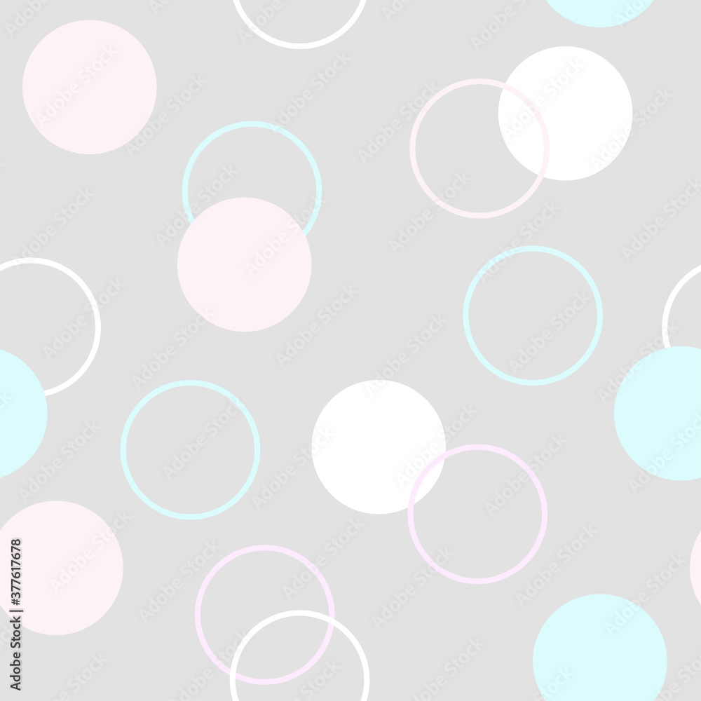Seamless pattern of pastel circles and rings on grey. Vector repeating abstract background for textile, fabrics, wallpaper, print, cover, backdrop, surface, banner, package design. Polka-dot and rings