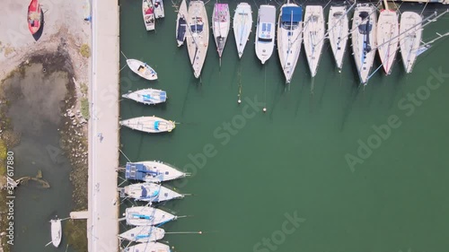 Drone shot over a marina in Thessaloniki, Greece during summer