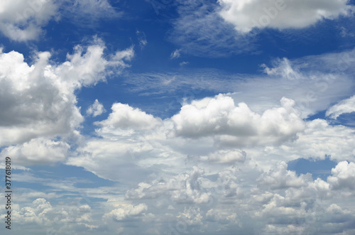 beautiful blue sky and white fluffy cloud horizon outdoor for background. © thithawat