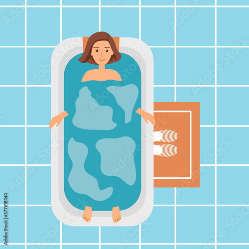 Woman is taking bath in bathtub for relaxation in flat design. Young female clean body in bathroom vector illustration.