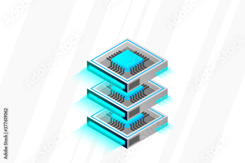 Quantum computer, large data processing, server room, artificial intelligence, data base concept, the microprocessor isometric vector