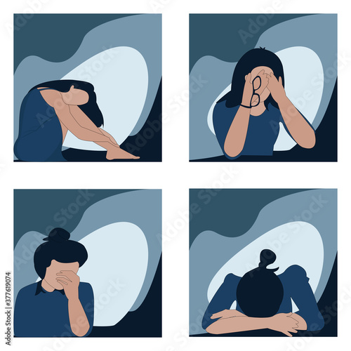 Vector isolate design of four woman depression set , refusal set concept. Upset young girl is stressing  and crying. Sad woman is stressful and refuses help and support. weak health, mental exhausted