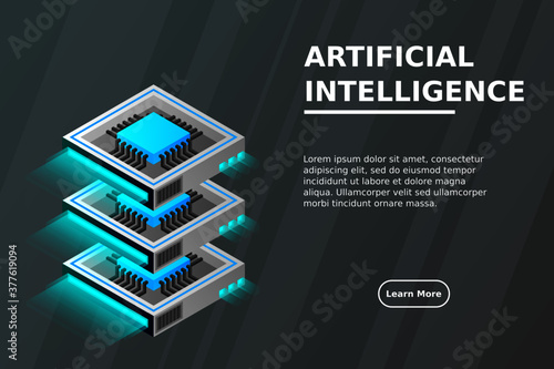 Quantum computer, large data processing, server room, artificial intelligence, data base concept, the microprocessor isometric vector