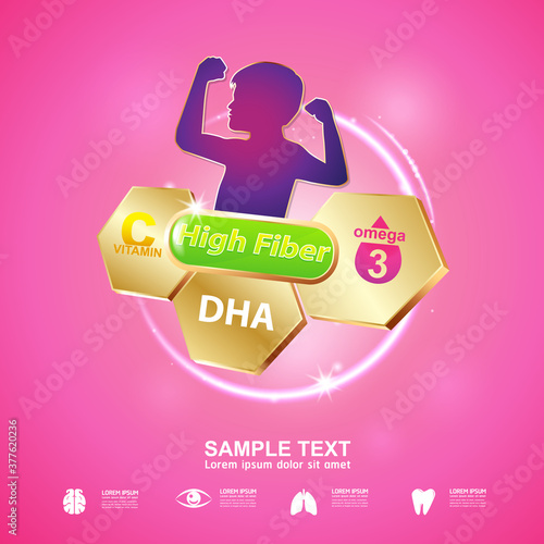Omega 3 Vitamin and Nutrients for Kids Vector Concept
