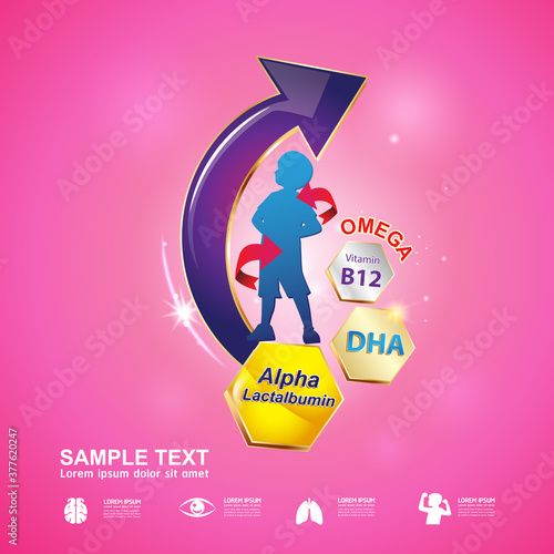 Omega 3 Vitamin and Nutrients for Kids Vector Concept