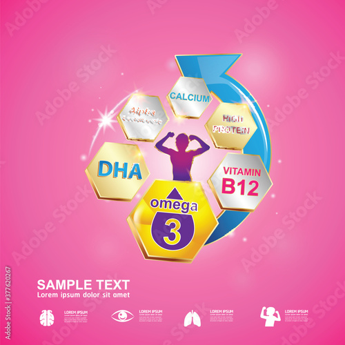 Omega 3 Vitamin and Nutrients for Kids Vector Concept