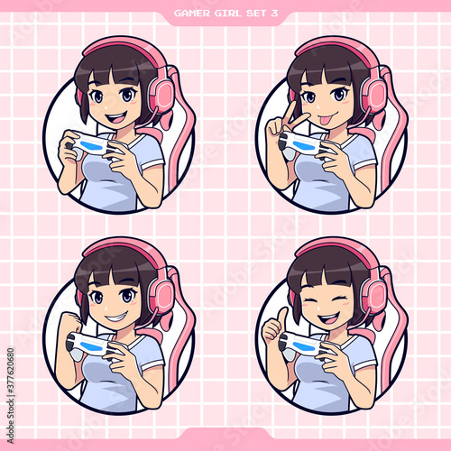 Set of gamer girl logo with cute expression