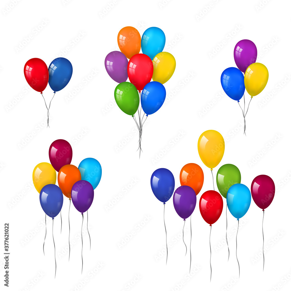 Balloons 3D bunch set, thread, isolated white background. Color glossy flying baloon, ribbon, birthday celebrate, surprise. Helium ballon gift. Realistic shape, symbol love, fun Vector illustration Balloons 3D bunch set, thread, isolated white background. Color glossy flying baloon, ribbon, birthday celebrate, surprise. Helium ballon gift. Realistic shape, symbol love, fun Vector illustration