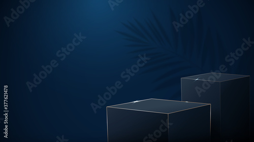 3d Dark blue and gold boxes podium display with Luxury concept. Vector Illustration
