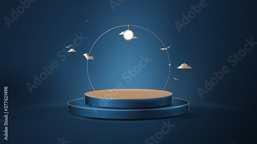 3d Dark blue and gold circle podium display with Halloween ornaments. Luxury concept. Vector Illustration