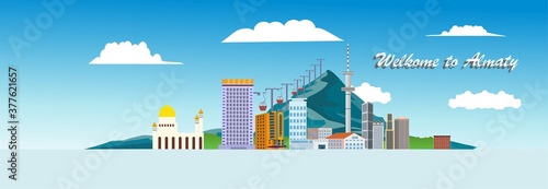 Panorama view of Kazakh cityl Almaty in flat style vector illustration for travel poster, postcard and more