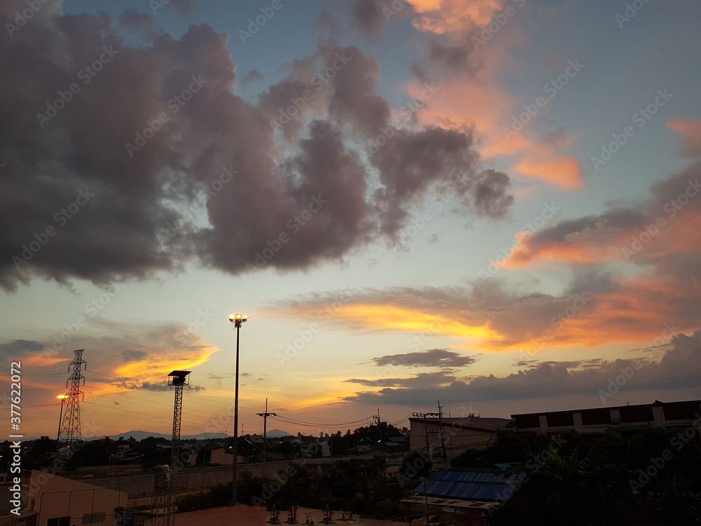 Orange And White Cloud, dramatic blue sky Background Before Sunset.