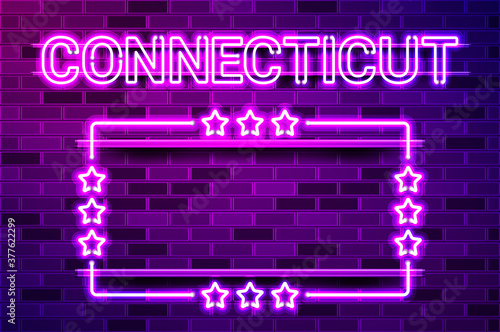 Connecticut US State glowing purple neon lettering and a rectangular frame with stars