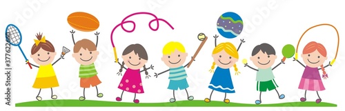 group of children, sports equipment, vector illustration