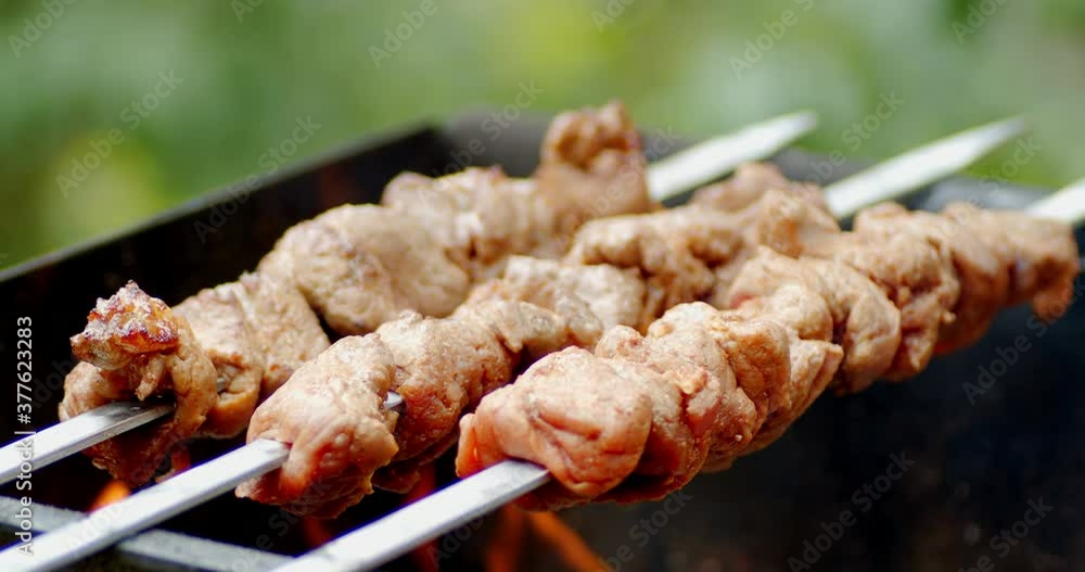 Delicious pork kebab on fire. Delicious pork kebab on fire.