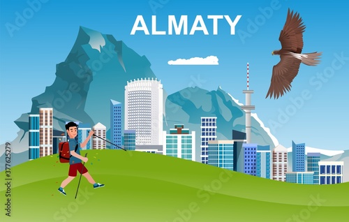 view of Kazakh cityl Almaty in flat style vector illustration for travel poster, postcard and more