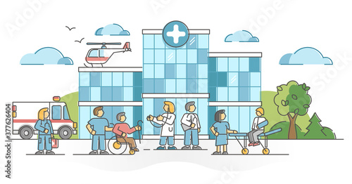 Hospital building for patient medical health emergency aid outline concept