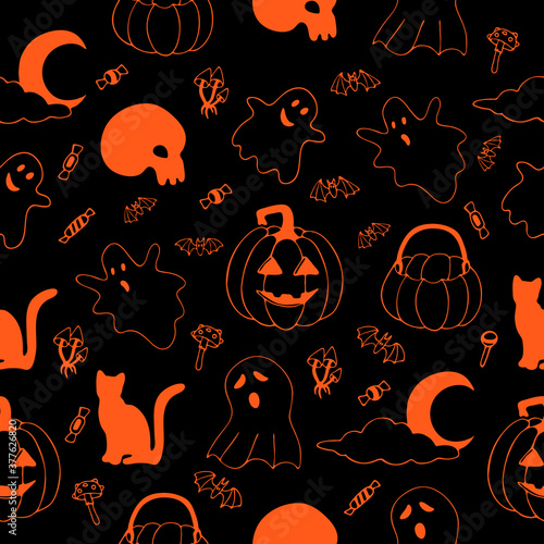 .Hand drawn halloween vector doodle pattern in orange color with illustrations of cats  ghosts  moon  pumpkin baskets  halloween pumpkins  mushrooms  skull  bats  candy on black background.
