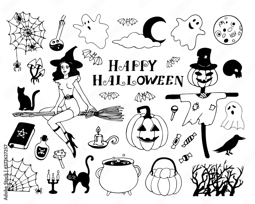 Naklejka premium .Hand-drawn vector doodle set with illustrations of witch, scarecrow, pumpkin, ghosts, cats, spider webs and other Halloween-themed elements isolated on white background.