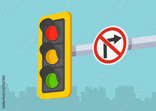 Traffic light and no right turn road sign. Perspective close-up view. Flat vector illustration template.