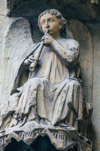 View of the exterior facade of the Roman Catholic Notre Dame de Reims Cathedral, a historical monument in the Grand Est region of France and one of the oldest in Europe
