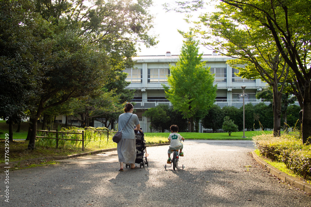 Naklejka premium 公園を自転車とベビーカーで散歩する日本人の親子
