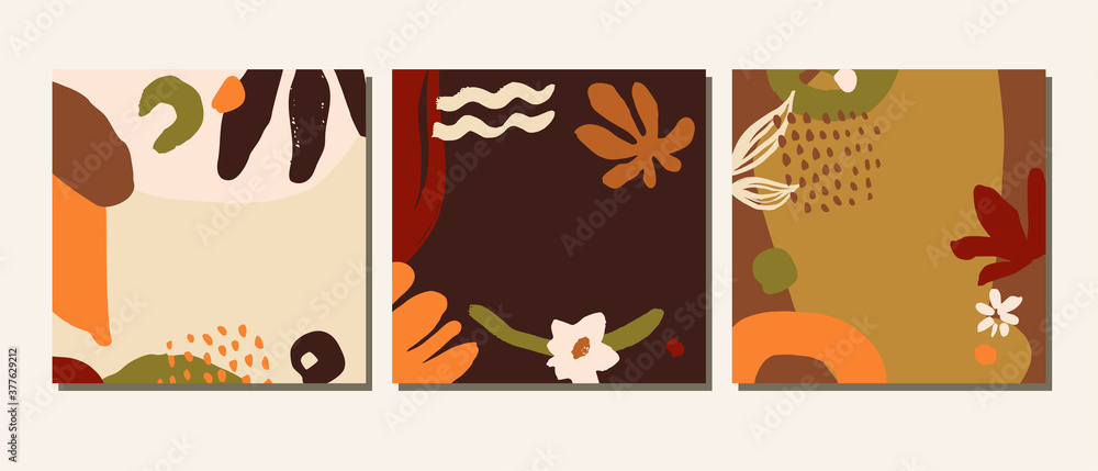 Organic collage hand drawn earthy terracotta colors abstract botanical covers, cards, artistic social media templates. Creative universal natural herbal healthy backdrops. EPS 10 vector illustration