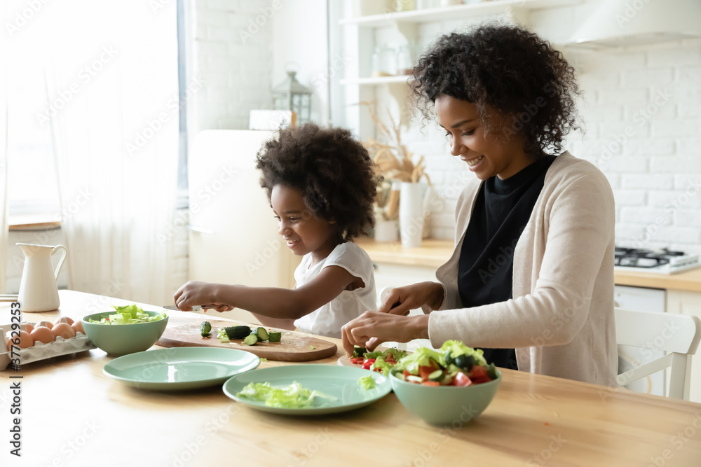 Smiling young african ethnicity woman giving culinary educational class to curious small biracial child daughter, chopping fresh vegetables together at countertop in kitchen, diverse family cooking.