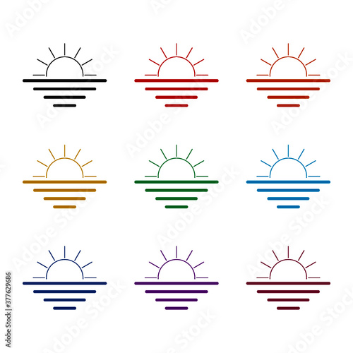 Sunset or sunrise and sea waves icon, color set