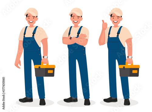 Happy repairman or mechanic with a toolbox. Set of different poses.