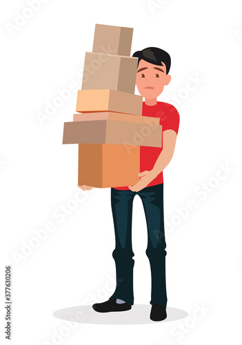 Man is holding boxes on a white background.
