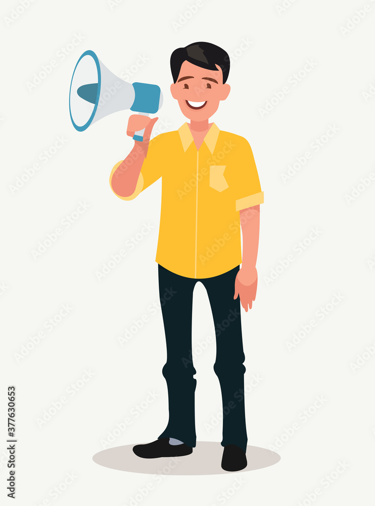 Joyful man speaks into a shout or a megaphone. The announcement of good news. Joyful man speaks into a shout or a megaphone. The announcement of good news.