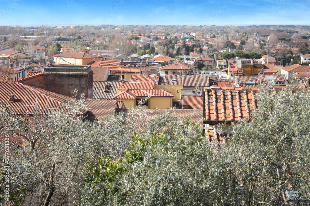 the red roofs of the inhabited houses, the church and the bell tower of the pietrasanta cathedral seen from the green of a hill at the top